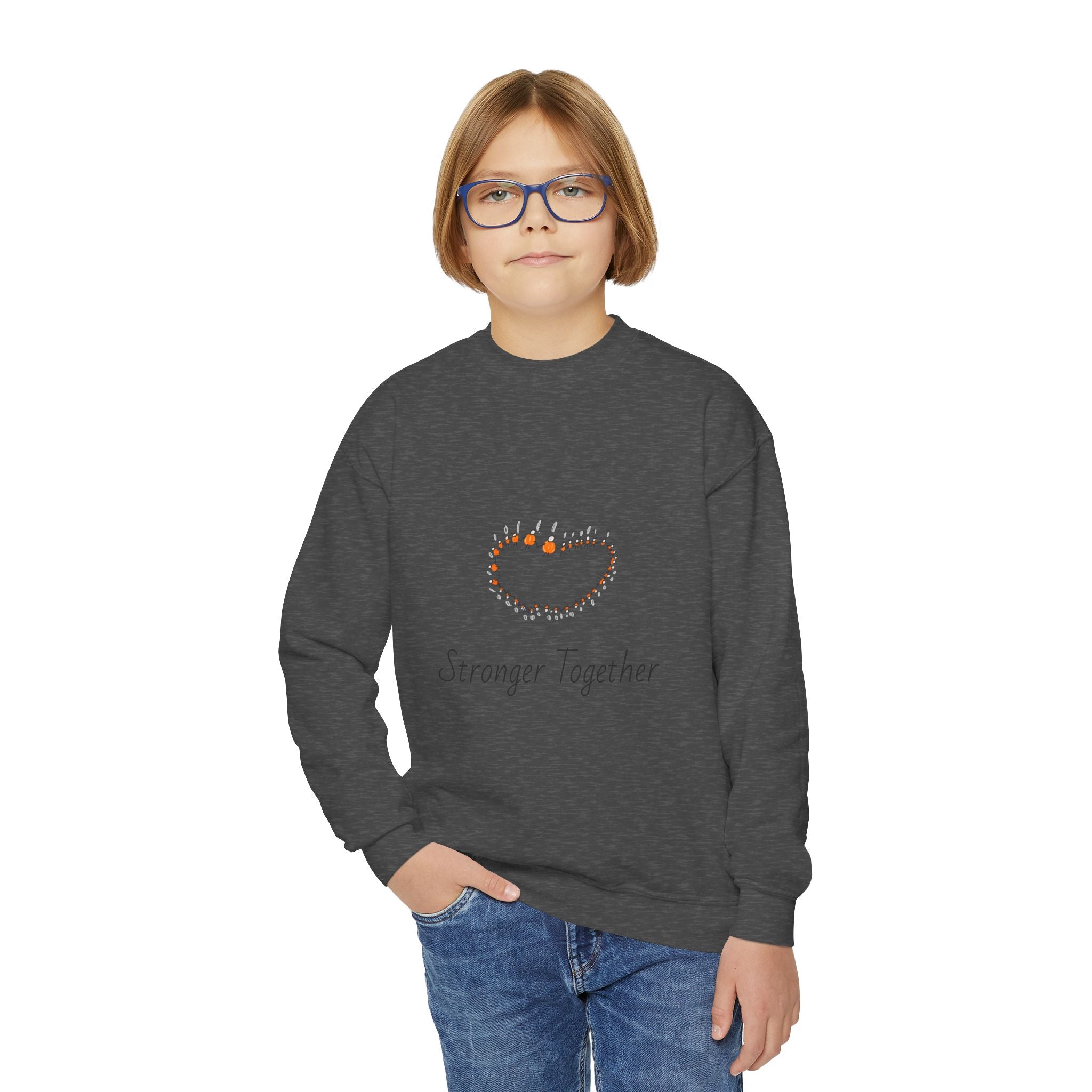 Youth Crewneck Sweatshirt — "Stranger Together" Floral Heart Kids Pullover