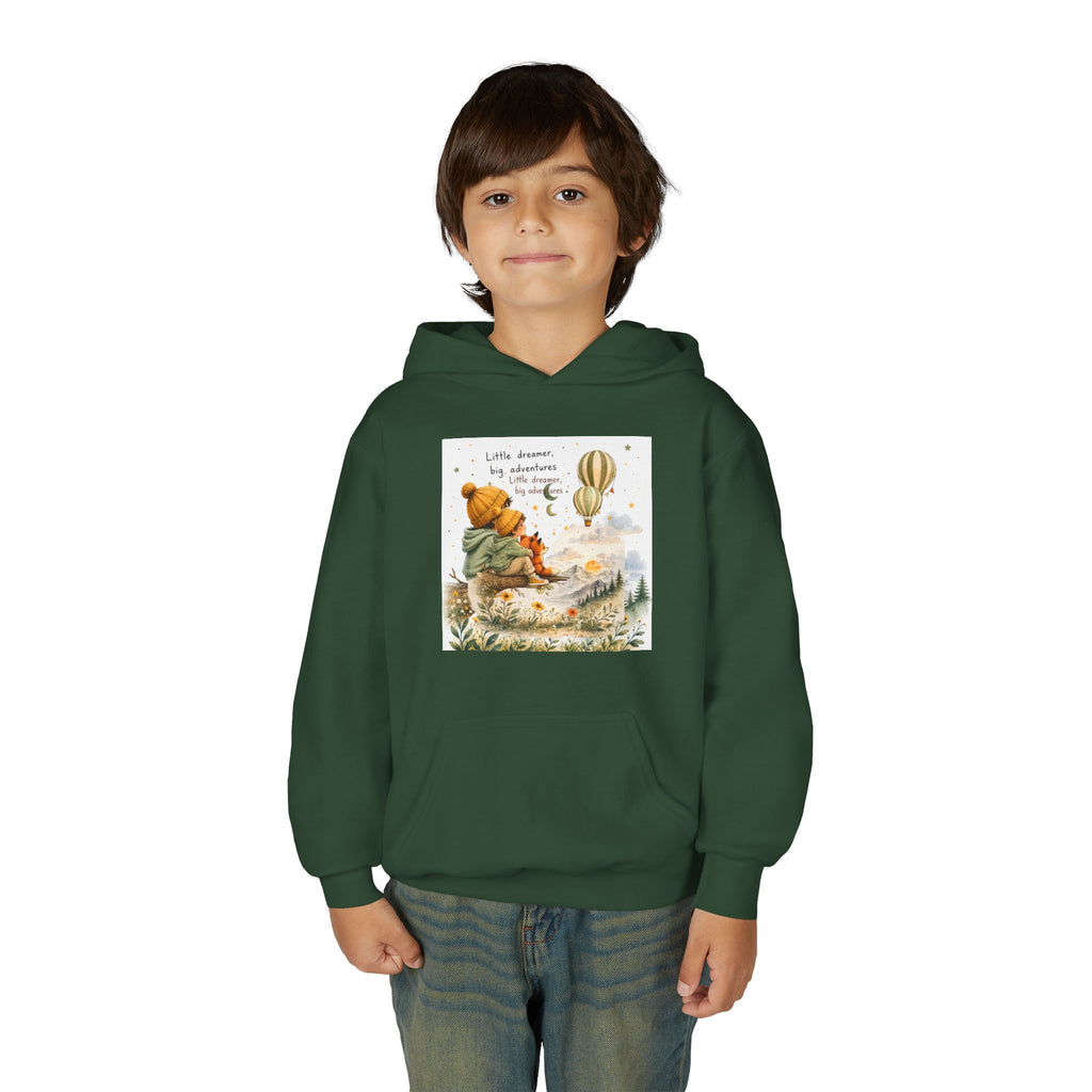 Kids Adventure Hoodie — "Little Dreamer, Big Adventure" Mountain & Hot Air Balloon Sweatshirt