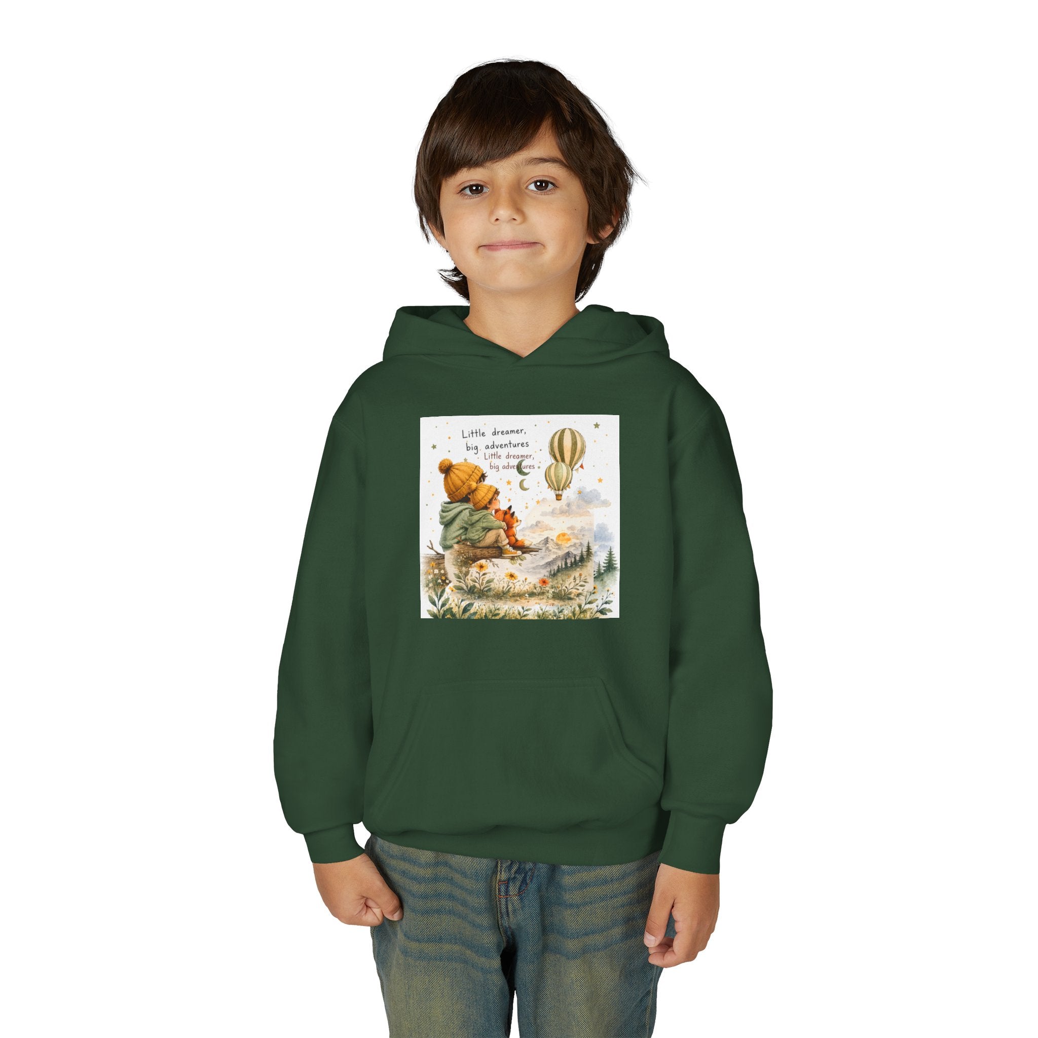 Kids Adventure Hoodie — "Little Dreamer, Big Adventure" Mountain & Hot Air Balloon Sweatshirt