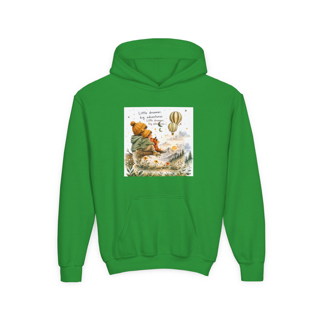 Kids Adventure Hoodie — "Little Dreamer, Big Adventure" Mountain & Hot Air Balloon Sweatshirt
