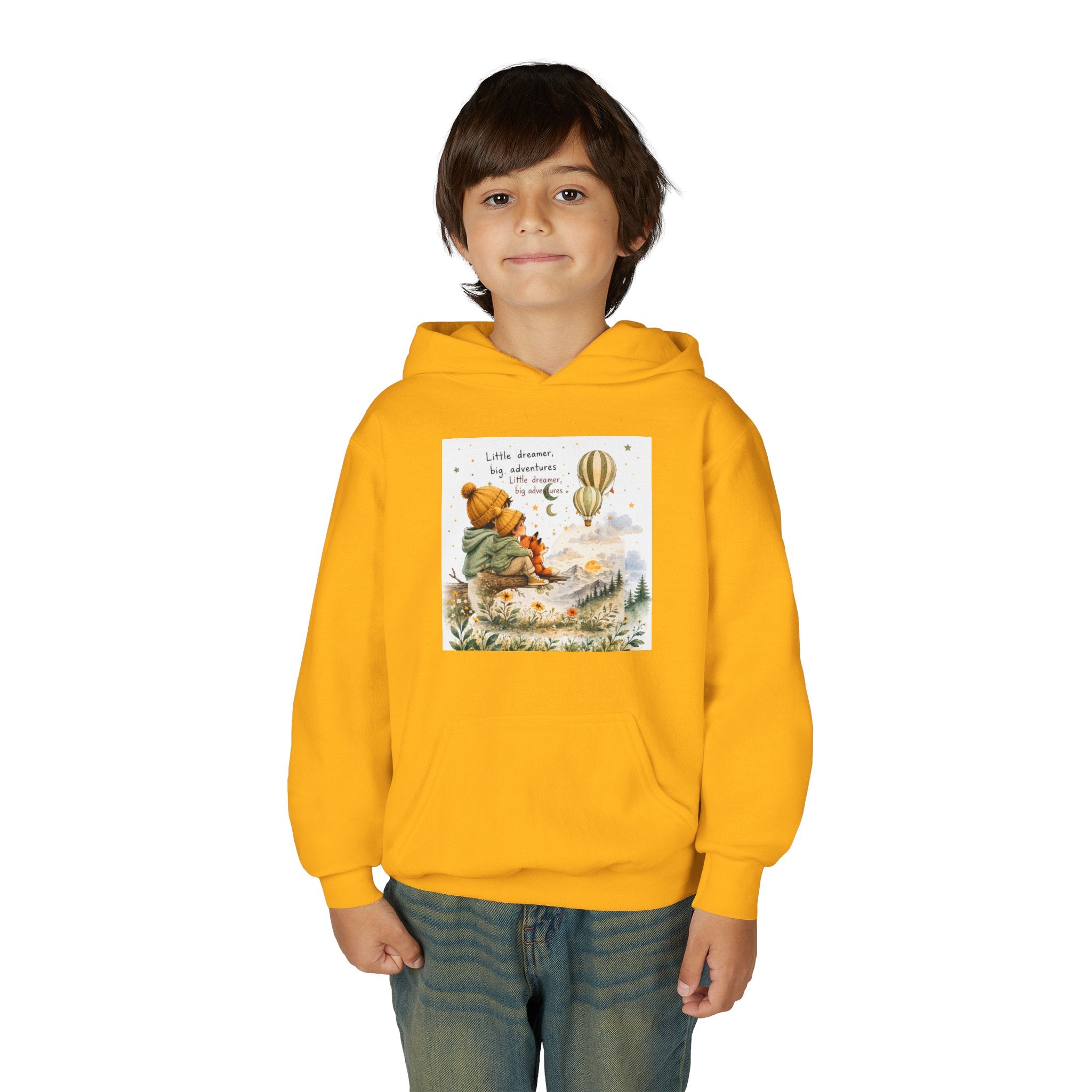 Kids Adventure Hoodie — "Little Dreamer, Big Adventure" Mountain & Hot Air Balloon Sweatshirt