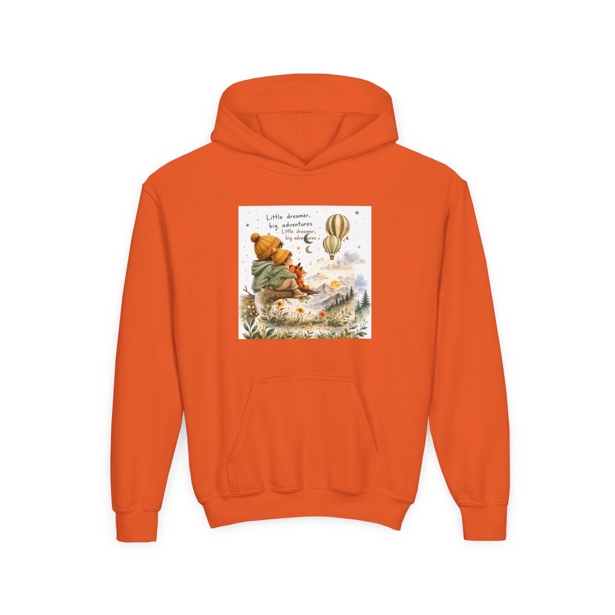 Kids Adventure Hoodie — "Little Dreamer, Big Adventure" Mountain & Hot Air Balloon Sweatshirt