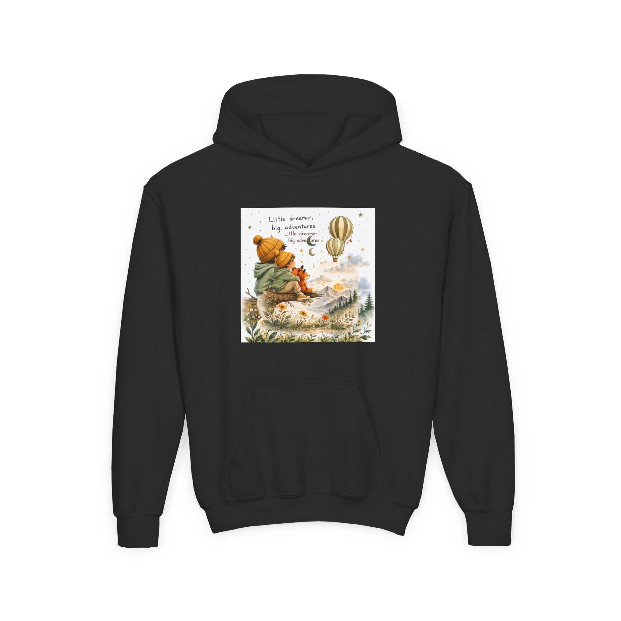 Kids Adventure Hoodie — "Little Dreamer, Big Adventure" Mountain & Hot Air Balloon Sweatshirt