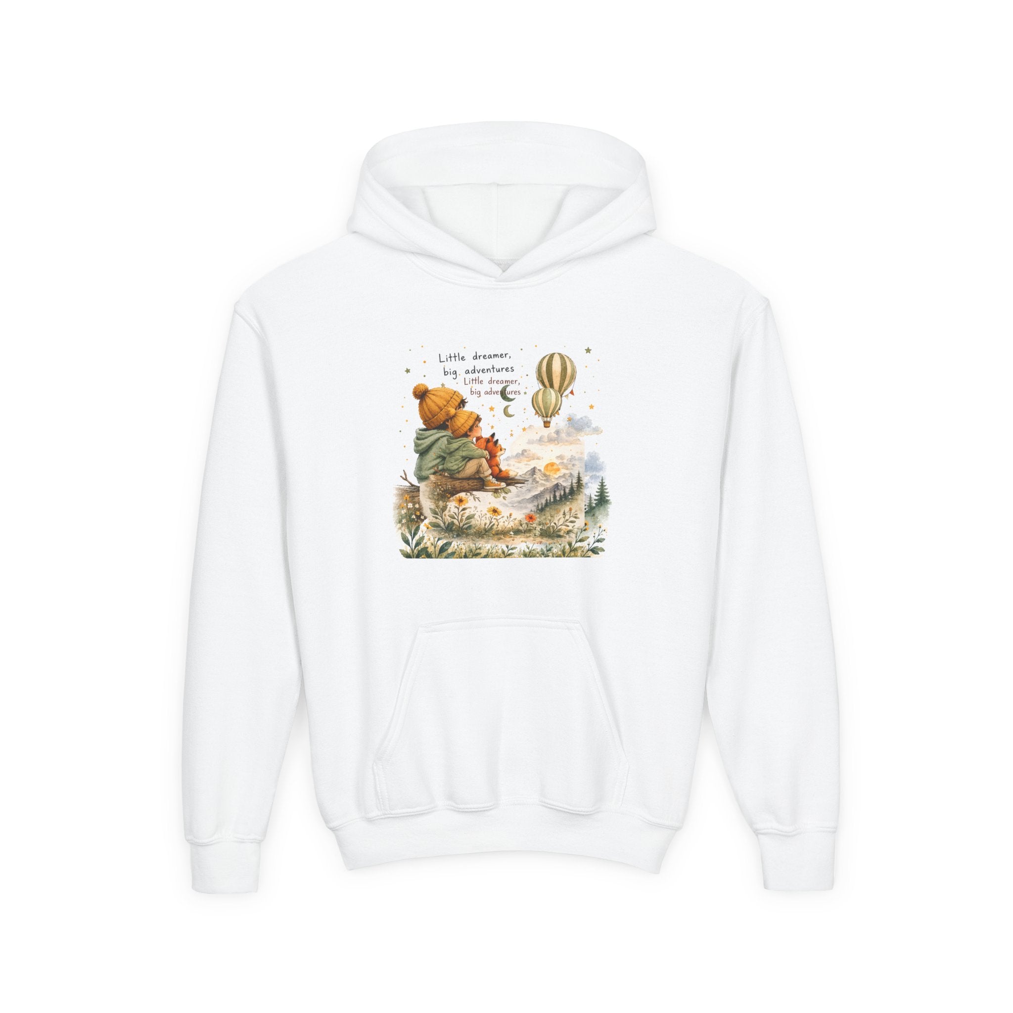 Kids Adventure Hoodie — "Little Dreamer, Big Adventure" Mountain & Hot Air Balloon Sweatshirt