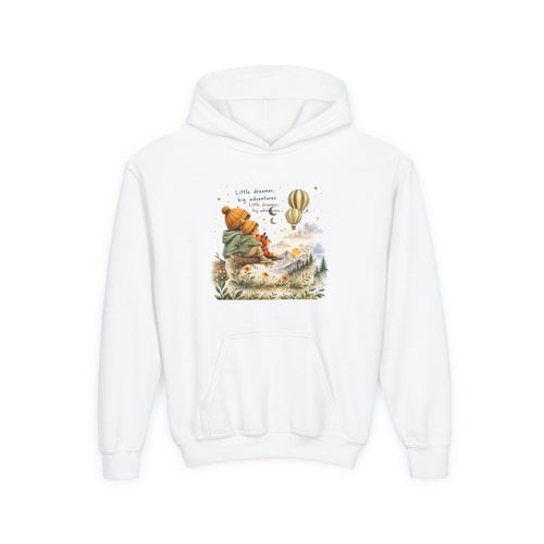 Kids Adventure Hoodie — "Little Dreamer, Big Adventure" Mountain & Hot Air Balloon Sweatshirt