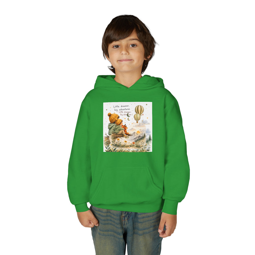 Kids Adventure Hoodie — "Little Dreamer, Big Adventure" Mountain & Hot Air Balloon Sweatshirt