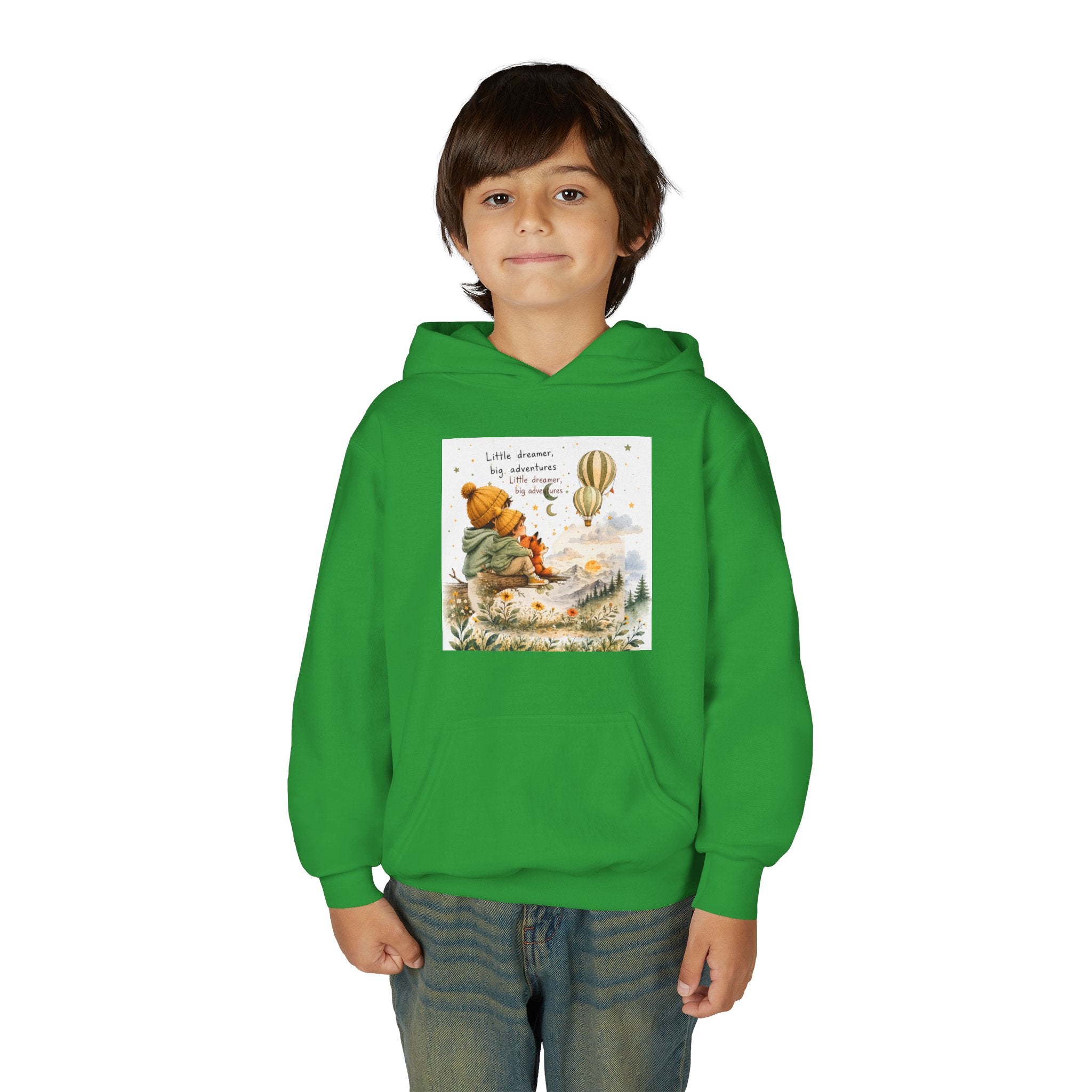 Kids Adventure Hoodie — "Little Dreamer, Big Adventure" Mountain & Hot Air Balloon Sweatshirt
