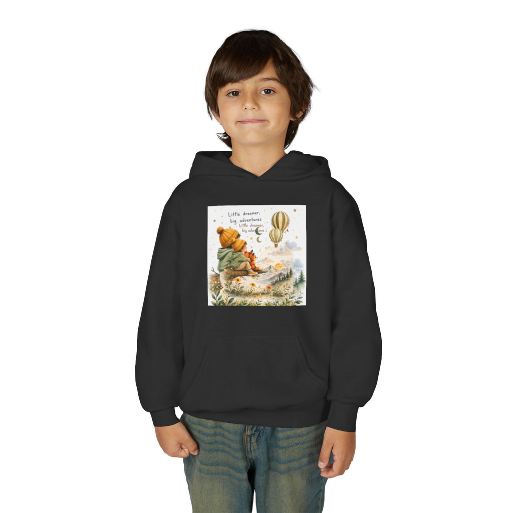Kids Adventure Hoodie — "Little Dreamer, Big Adventure" Mountain & Hot Air Balloon Sweatshirt