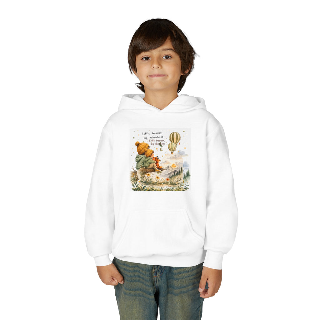 Kids Adventure Hoodie — "Little Dreamer, Big Adventure" Mountain & Hot Air Balloon Sweatshirt