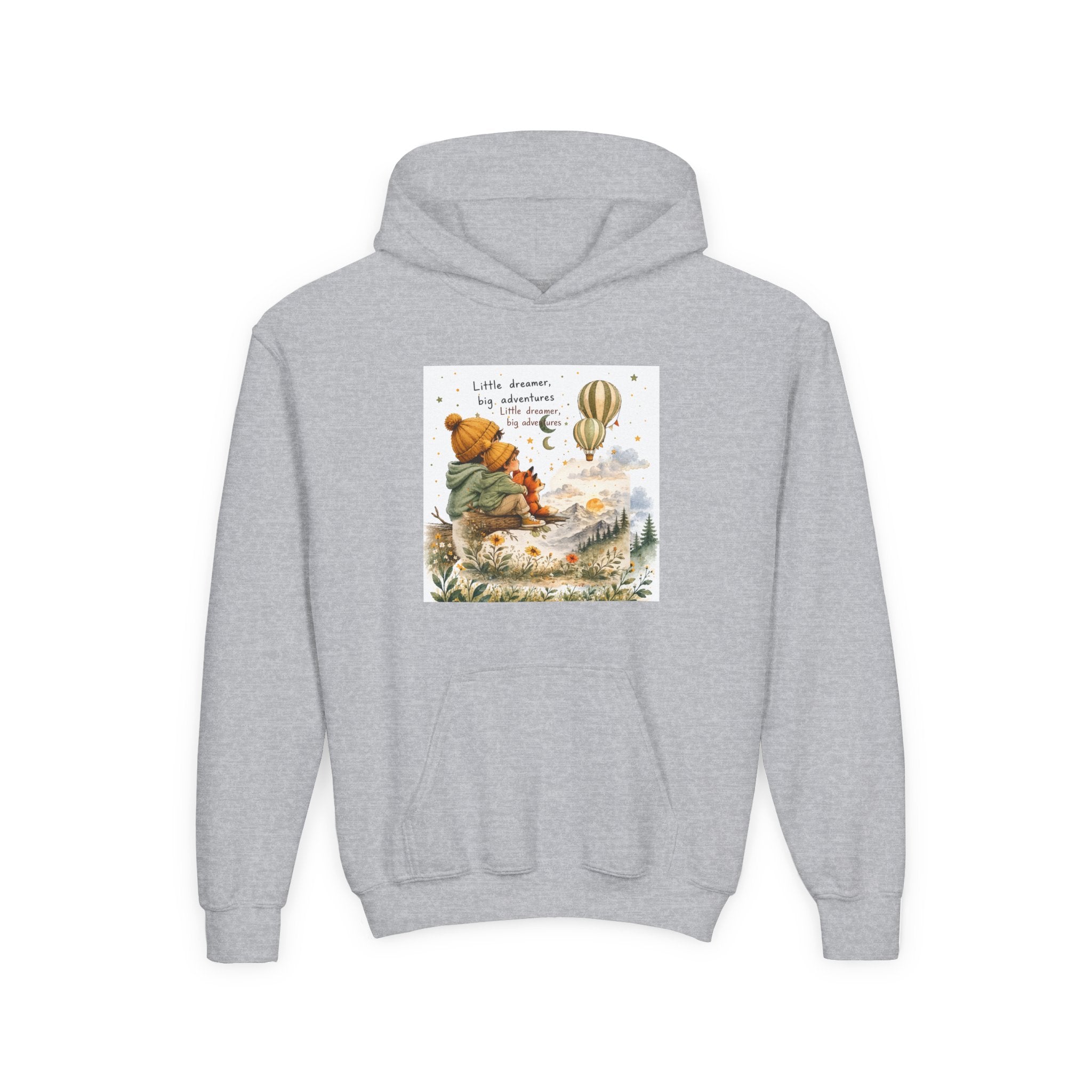 Kids Adventure Hoodie — "Little Dreamer, Big Adventure" Mountain & Hot Air Balloon Sweatshirt