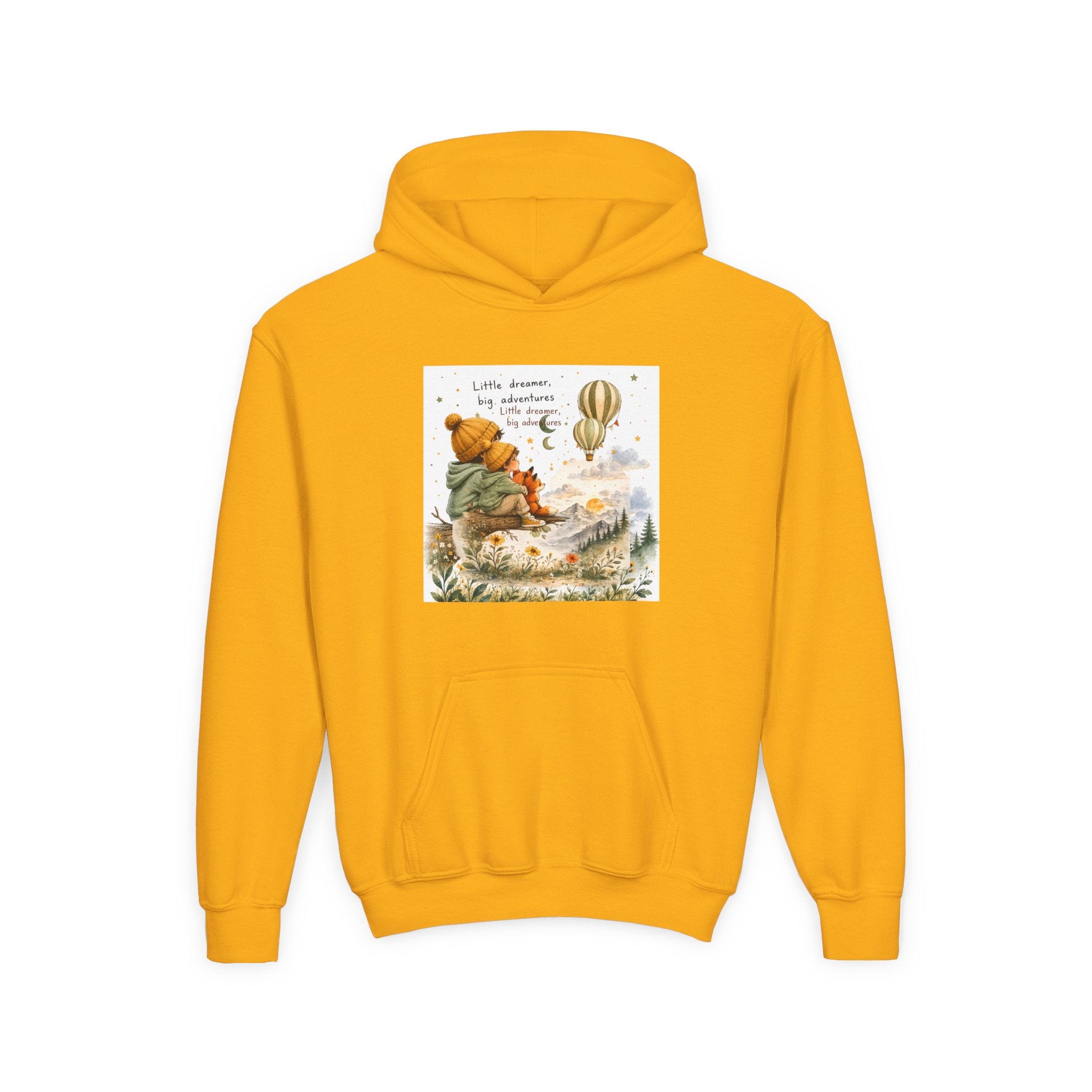Kids Adventure Hoodie — "Little Dreamer, Big Adventure" Mountain & Hot Air Balloon Sweatshirt