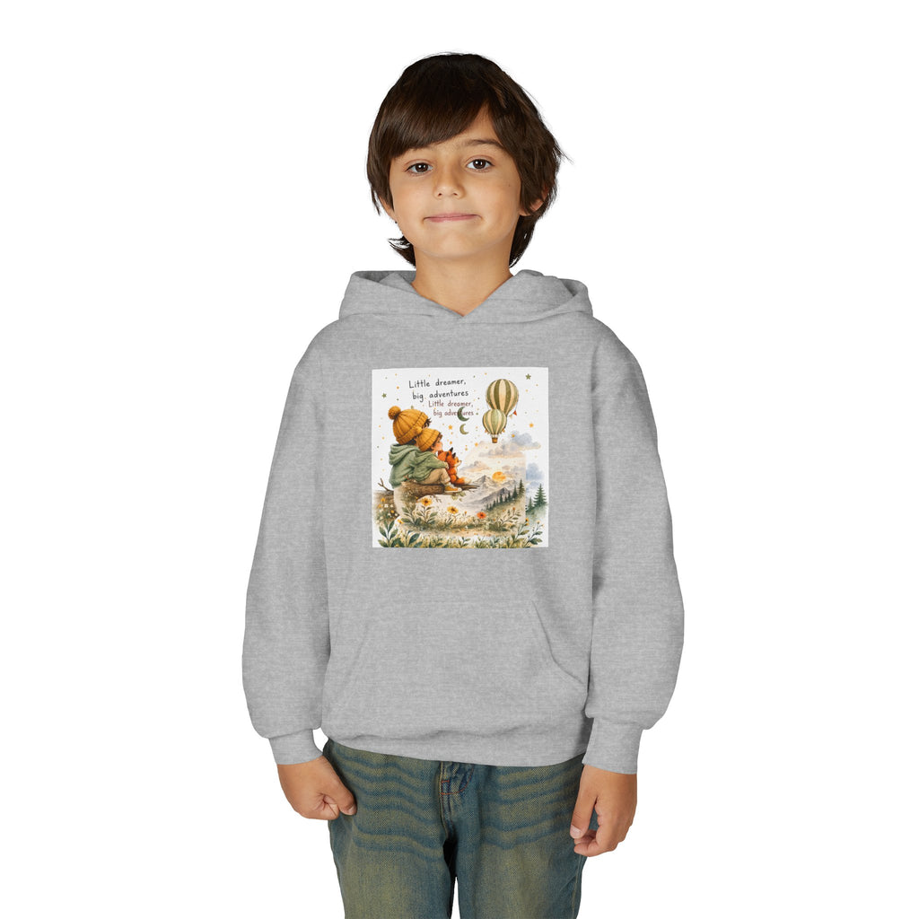 Kids Adventure Hoodie — "Little Dreamer, Big Adventure" Mountain & Hot Air Balloon Sweatshirt