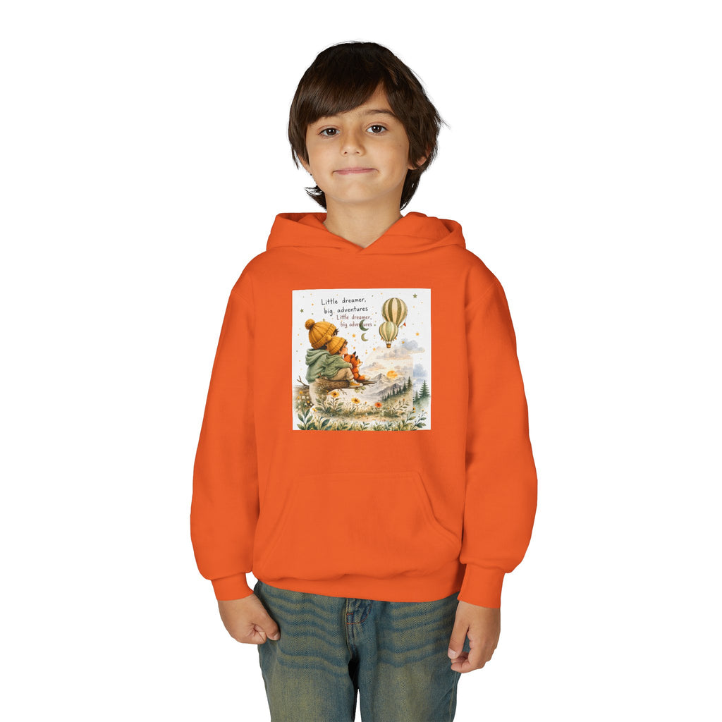 Kids Adventure Hoodie — "Little Dreamer, Big Adventure" Mountain & Hot Air Balloon Sweatshirt