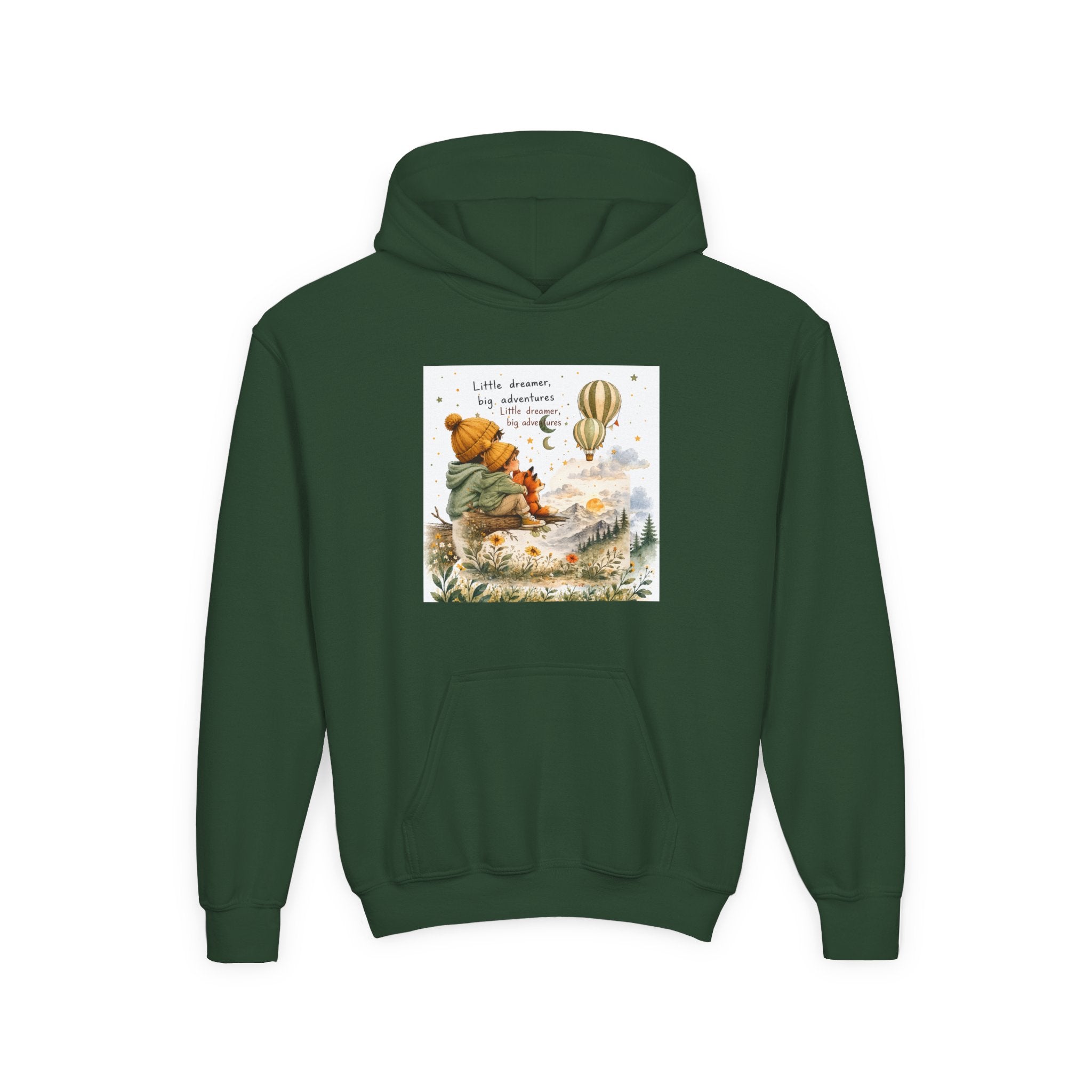Kids Adventure Hoodie — "Little Dreamer, Big Adventure" Mountain & Hot Air Balloon Sweatshirt